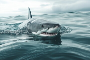 Naklejka premium A majestic shark glides through tranquil waters under a cloudy sky at dawn's light