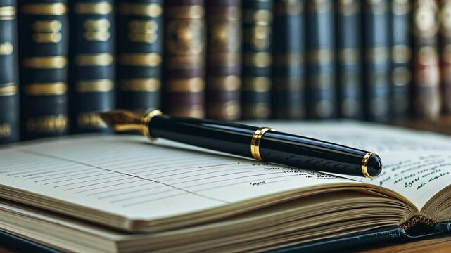 A fountain pen rests on an open notebook with lined paper, with a row of books out of focus in the background
