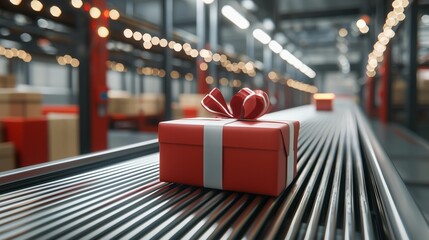 Automated logistics center conveyor belt with christmas packages, highlighting efficiency and holiday season shipping.