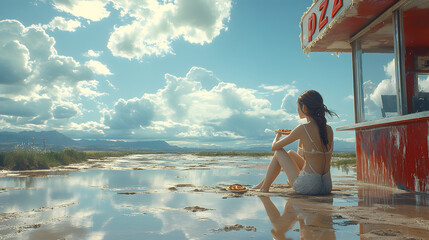 A Woman Enjoying a Delicious Pizza While Sitting on an Open Area Near a Scenic Muddy Landscape Under a Bright Blue Sky