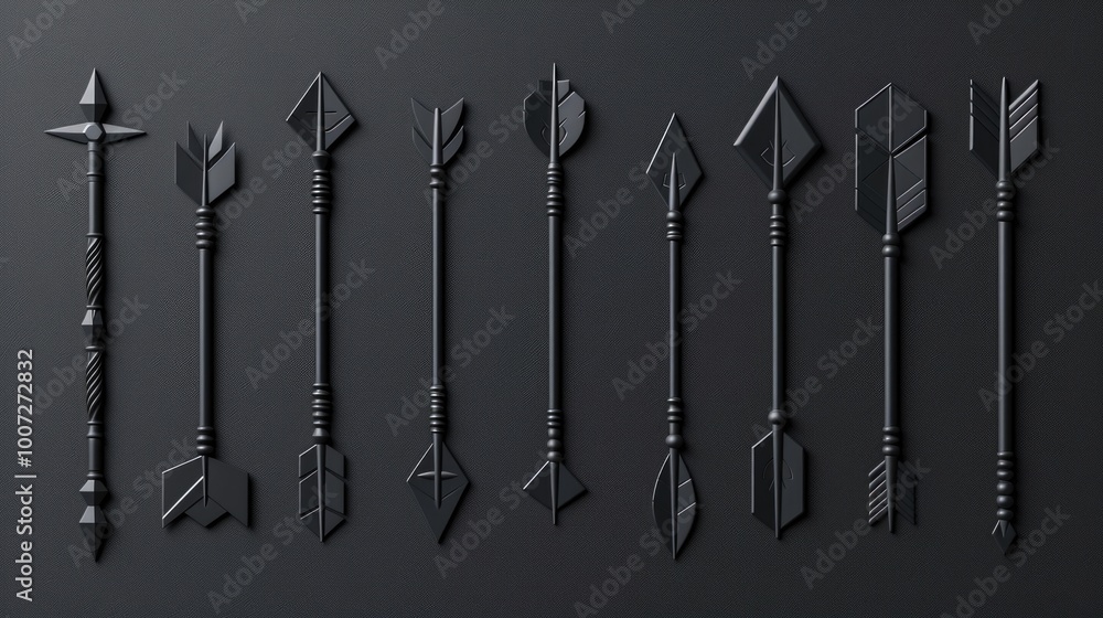 Poster a selection of various arrow designs on a dark background, useful for highlighting or pointing in pr