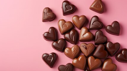 Fototapeta premium Assorted heart-shaped chocolates in milk and dark chocolate arranged on a pink background. Flat lay with copy space. Designed for romantic banners, Valentine’s Day marketing, and chocolate gift
