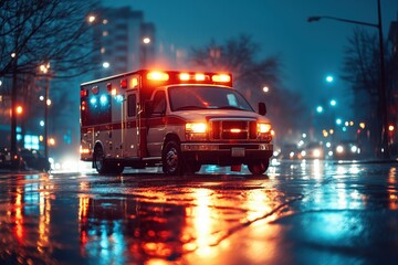 Emergency response vehicle navigates urban streets under vibrant flashing lights at night