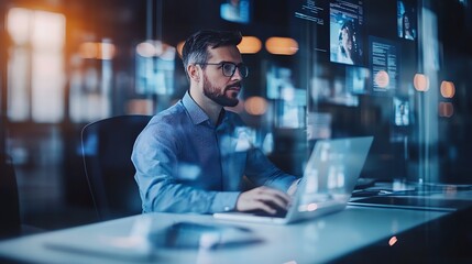 A man in a blue shirt works on a laptop in a modern office.