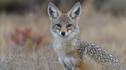 A lively golden jackal sits gracefully in a sunlit meadow during early morning hours in a tranquil natural setting