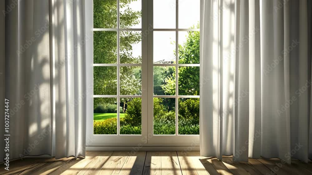 Poster sunlight streams through sheer curtains and a large window, illuminating the wooden floor with a war
