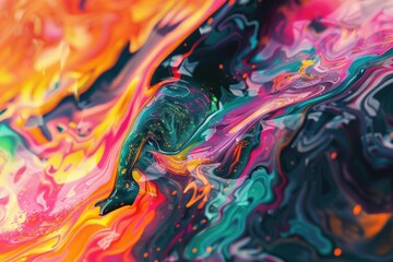 A detailed view of a vibrant abstract art piece featuring swirling colors and textures