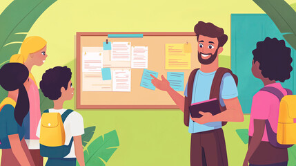 A cartoon teacher pointing at the whiteboard in front of them, with children standing around and looking on