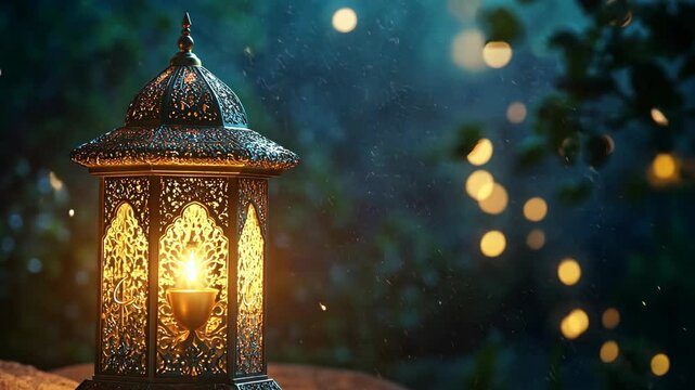 A traditional lantern glows brightly against a dark, blurry background