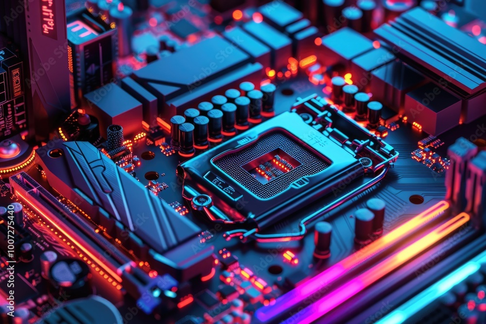 Poster a detailed view of a computer motherboard's internal components and circuitry