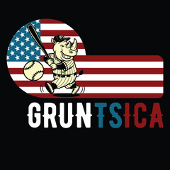Gruntsica Baseball Rhinoceros American Flag Funny T-shirt