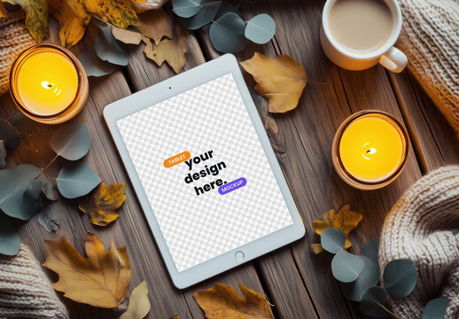 iPad Mockup with Autumn Elements and Candlelit Cozy Scene with Generative AI