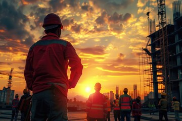 Fototapeta premium Workers on a building site at the highest level, with a view of the city