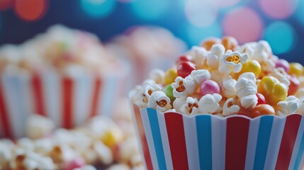 Colorful popcorn in striped cups with a vibrant background, perfect for a movie night or celebration