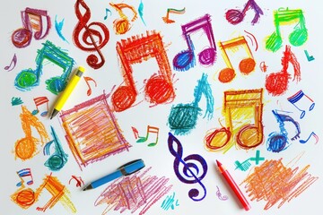 A colorful illustration of musical notes and crayons, perfect for educational or creative projects