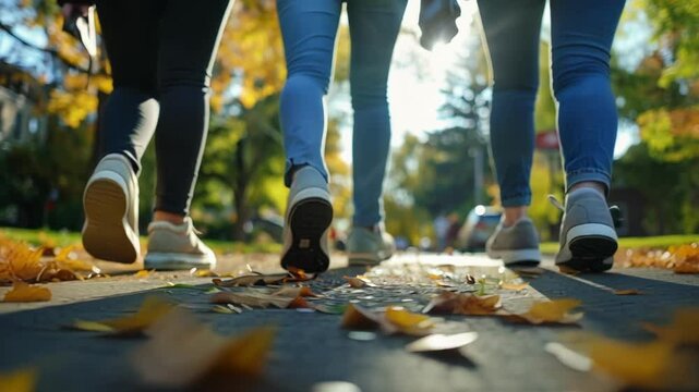 Three friends enjoying a sunny autumn day, walking in their cozy suburban neighborhood surrounded by colorful fall leaves. Bonding and connecting, they share a carefree moment of togetherness