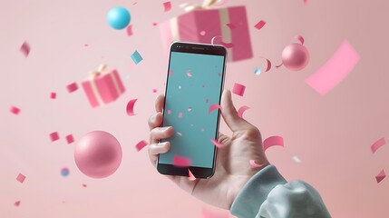 3d smartphone on blue cube podium floating on white copy space background. Realistic mobile phone with blank white screen. Minimal studio. ​Monotone pedestal mockup space for display app. 3d rendering