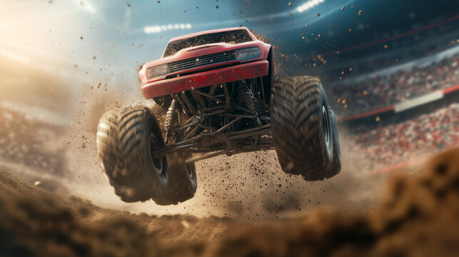 Monster truck soaring through the dirt at a thrilling event