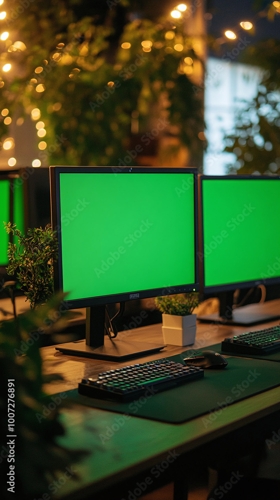 Aufkleber 3d realistic render of computer monitors with green screen in office chroma key stack of screens ver