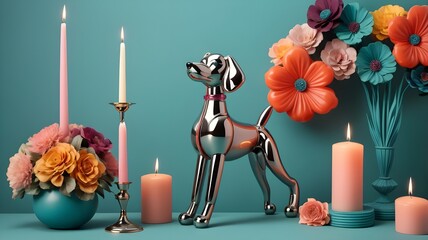 Modern decorative setup with vibrant flowers, a balloon dog sculpture, and colorful candle holders
