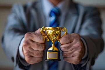 A person holding a golden award, ideal for corporate or celebratory events