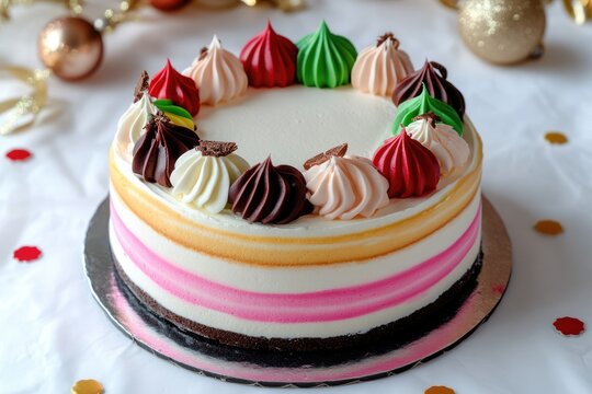 Colourful chocolate creamy birthday cake on white table. Sweet dessert for children dinner party