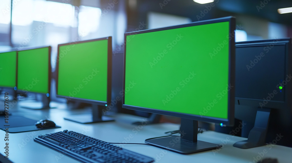 Aufkleber 3d realistic render of computer monitors with green screen in office chroma key stack of screens in 