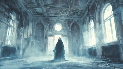 Description: A shadowy figure stands in a misty, abandoned room, illuminated by ethereal light filtering through ornate windows.