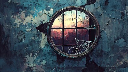 Description: A cracked mirror reflects a beautiful sunset, framed by an ornate border, against a backdrop of peeling, textured walls.