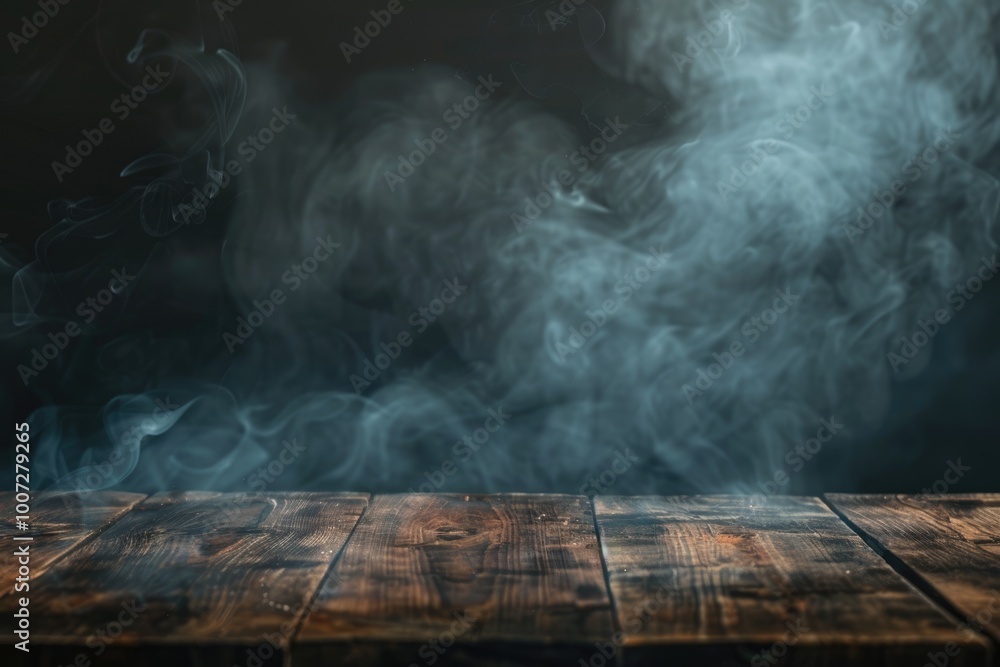Poster empty wooden table with smoke float up on dark background