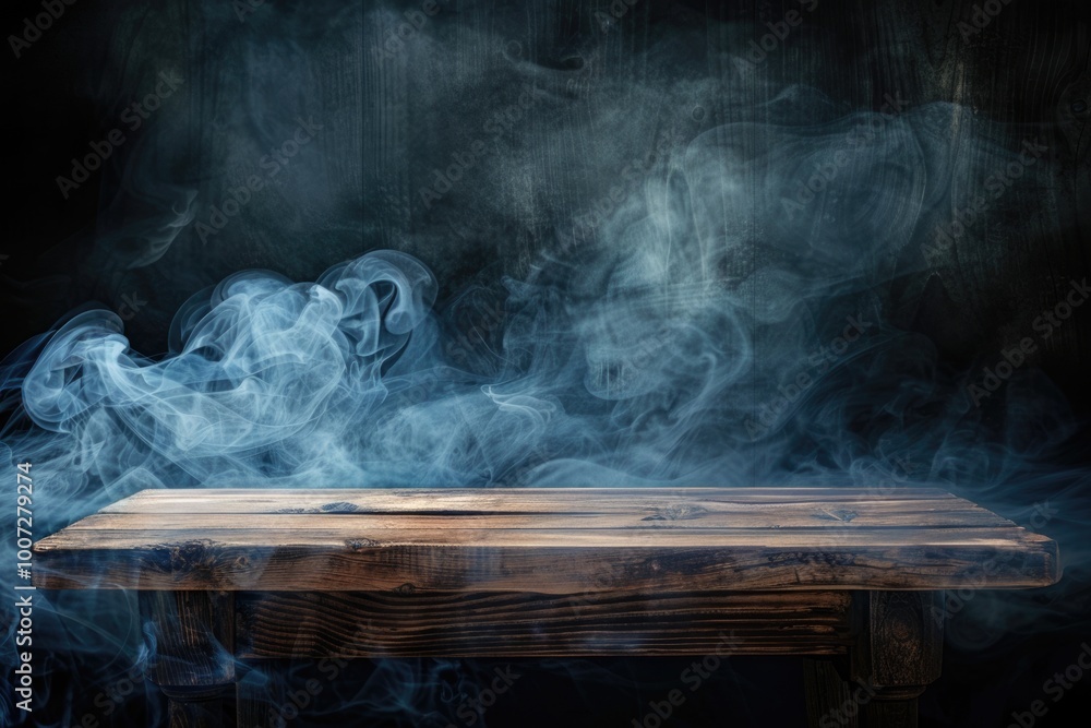 Poster empty wooden table with smoke float up on dark background