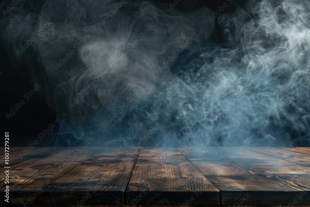 Poster empty wooden table with smoke float up on dark background