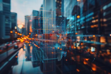 Abstract world map overlay on modern business center  research strategy.