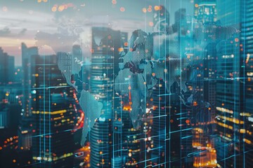 Abstract world map overlay on modern business center  research strategy.