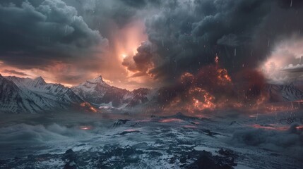 Fototapeta premium A mountain emitting a thick cloud of smoke, potentially due to volcanic activity or industrial pollution