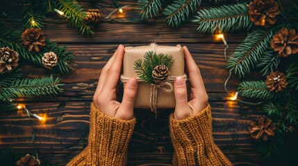 Eco friendly handmade gift packaging on wooden table  sustainable christmas decor ideas for holidays