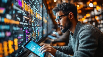 Researchers analyzing data using digital tablets in a modern workspace at night