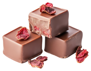 Three chocolate fudge cubes stacked dessert food meat.