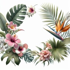 Frame of tropical leaves and flowers for text and design