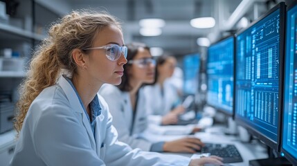 Diverse team of researchers analyzing CRISPR data in a modern lab setting during the evening