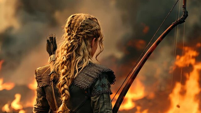 A woman with long, braided hair stands in front of a fire with a bow and arrow