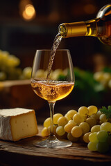Obraz premium Minimalist wine pouring shot with cheese and grapes in a dark background