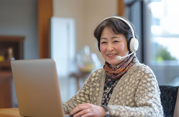 An engaged English learner practices speaking while seated at a desk with a laptop in a cozy room