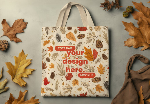 Tote Bag Mockup with Autumn Leaves Flat Lay with Generative AI