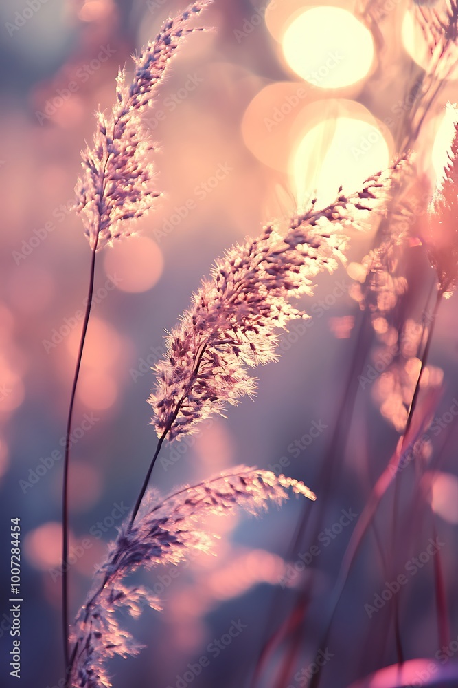 Sticker Close up of grass seed heads with warm sunset bokeh background.