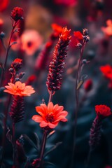 Red and Orange Flowers Blooming in a Field with a Dark Background