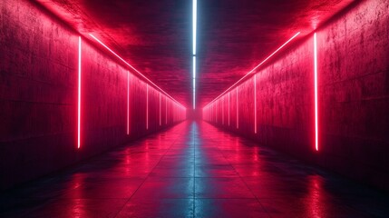 A long red tunnel with neon lights