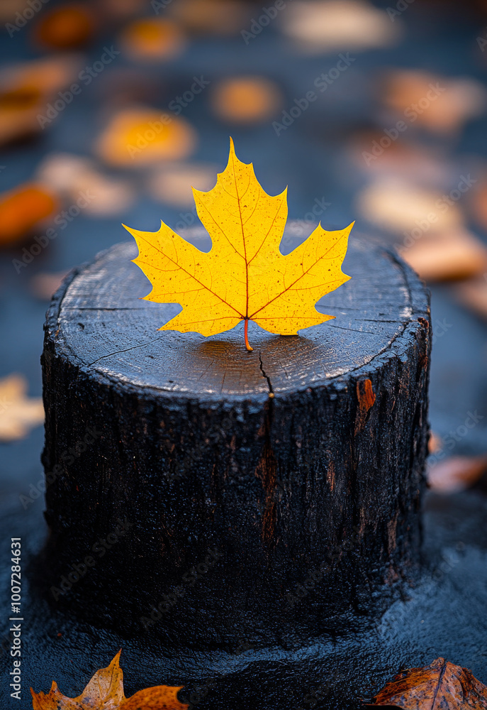 Poster a leaf is on top of a log. the leaf is yellow and the log is black. the image has a mood of autumn a