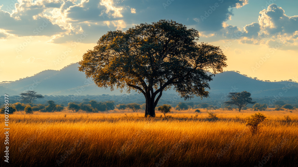 Poster a large tree stands in a field of tall grass. the sky is cloudy and the sun is setting