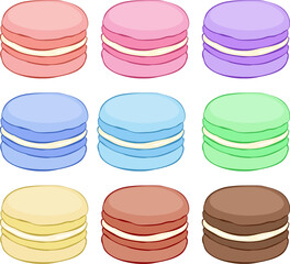 vector collection of colorful french macaron or macaroon icons isolated on white background. set of sweet dessert macarons cartoon